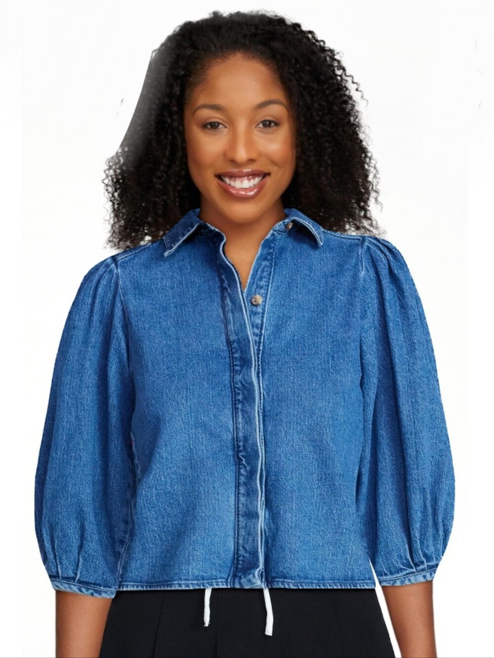 Scoop Women’s and Women's Plus Denim Shirt with 3/4 Length Puff Sleeves